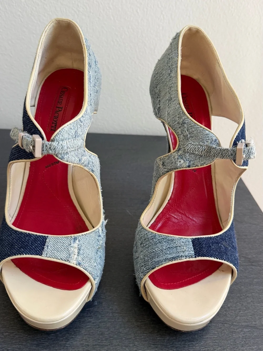 Cesare Paciotti Denim & Lace Platform Heels Size 38